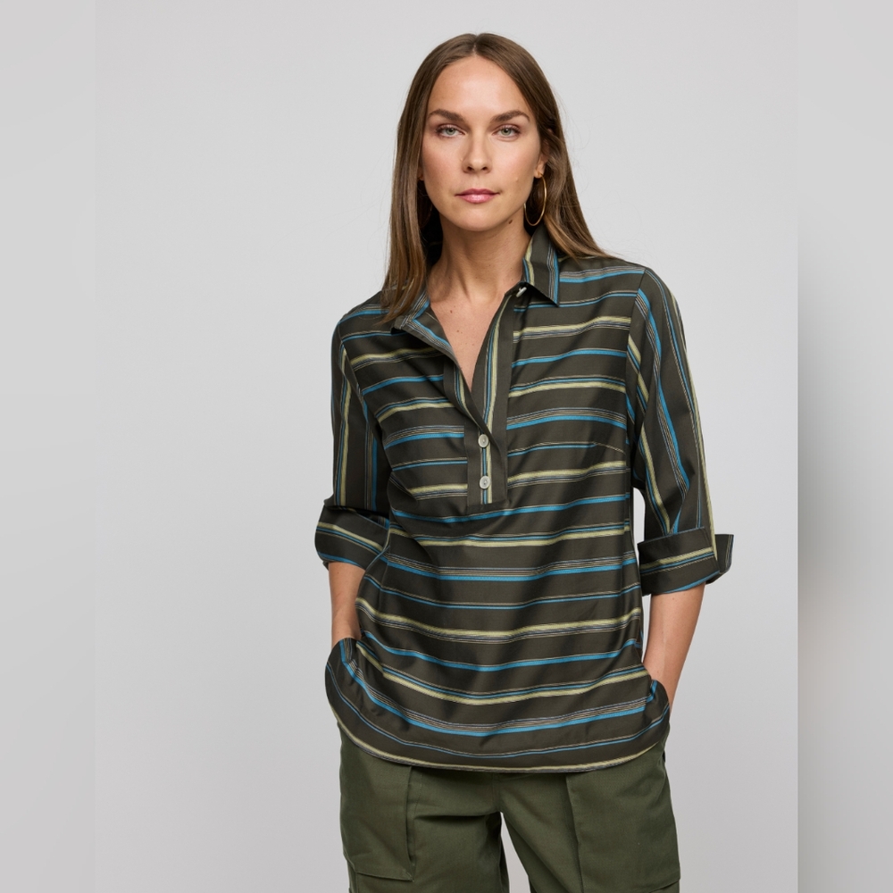 Hinson Wu Charlotte 3/4 Sleeve Variegated Satin Stripe Top Oregano Multi - Picture 2 of 7